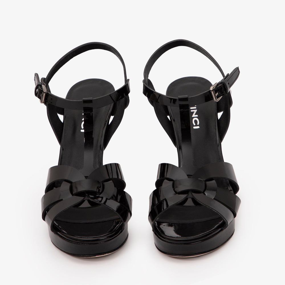 The Parisian Black Patent Leather T-Strap Platform Heel Sandal - Vinci Leather
