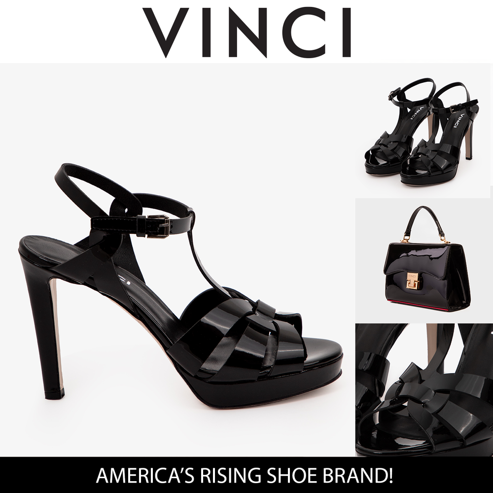 The Parisian Black Patent Leather T-Strap Platform Heel Sandal - Vinci Leather