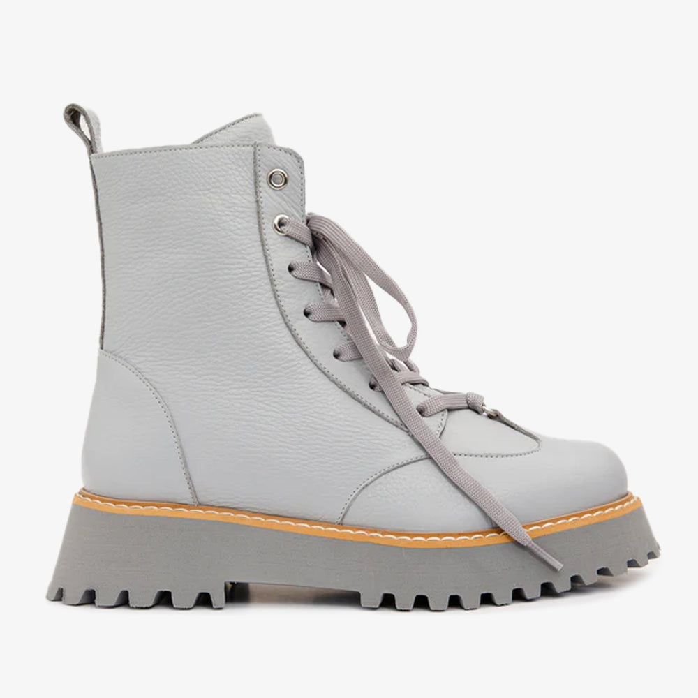 The Yildiz Grey Leather Lace-Up Ankle Boot With a Side Zipper - Vinci Leather