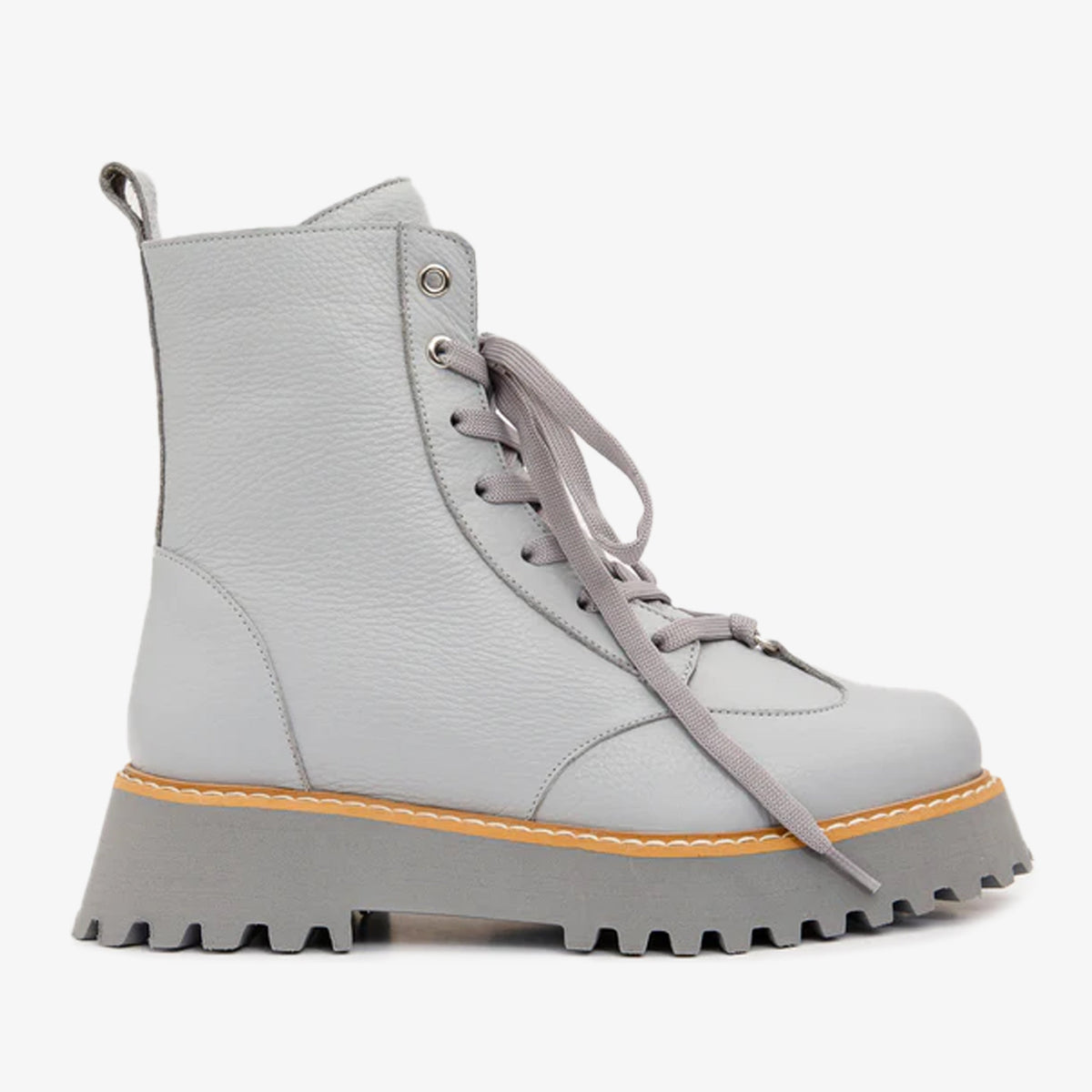 The Yildiz Grey Leather Lace-Up Ankle Boot With a Side Zipper - Vinci Leather