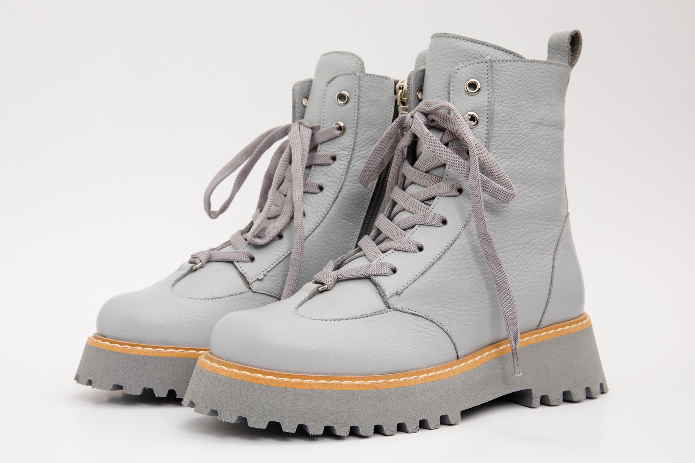 The Yildiz Grey Leather Lace-Up Ankle Boot With a Side Zipper - Vinci Leather