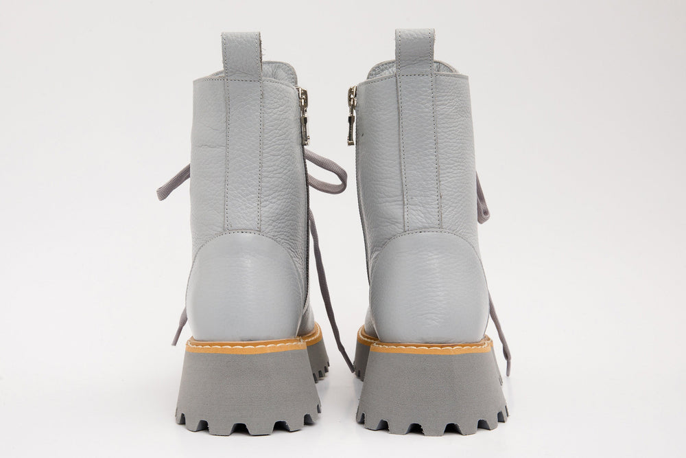 The Yildiz Grey Leather Lace-Up Ankle Boot With a Side Zipper - Vinci Leather