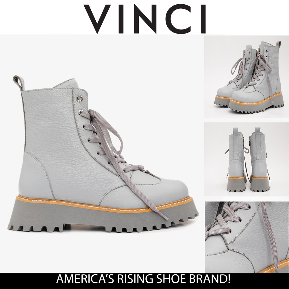 The Yildiz Grey Leather Lace-Up Ankle Boot With a Side Zipper - Vinci Leather