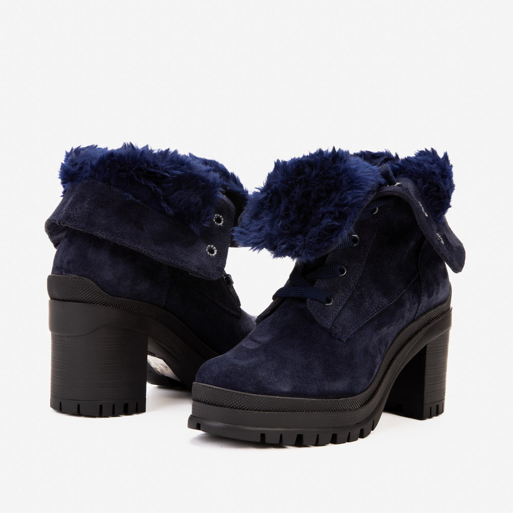 The Elera Navy Blue Leather Block Heel Boot - Vinci Leather