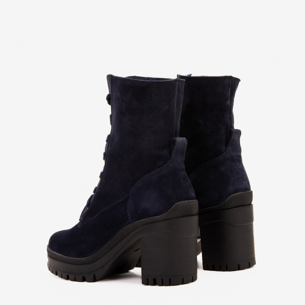 The Elera Navy Blue Leather Block Heel Boot - Vinci Leather