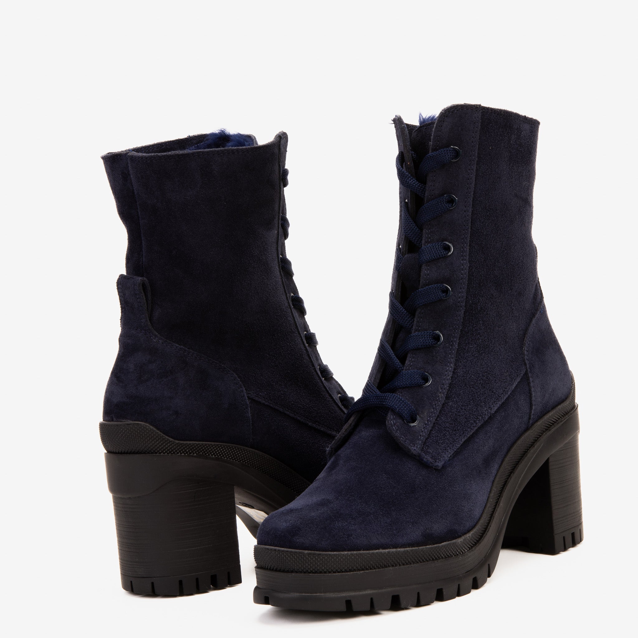 The Elera Navy Blue Leather Block Heel Boot - Vinci Leather