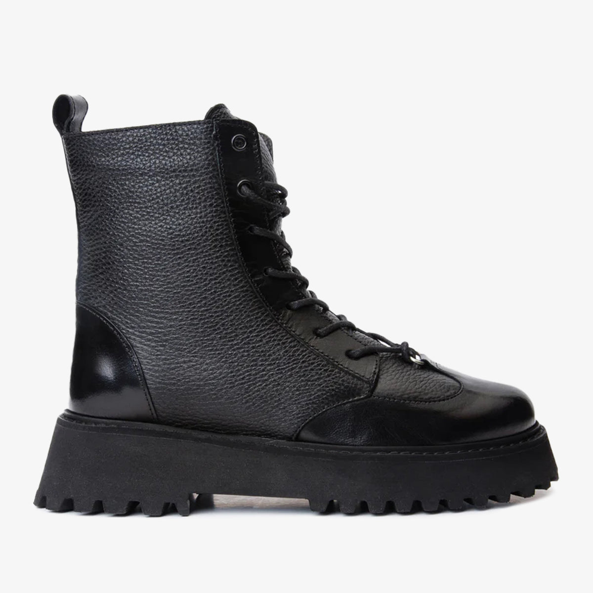 The Yildiz Black Leather Lace-Up Ankle  Boot With a Side Zipper - Vinci Leather