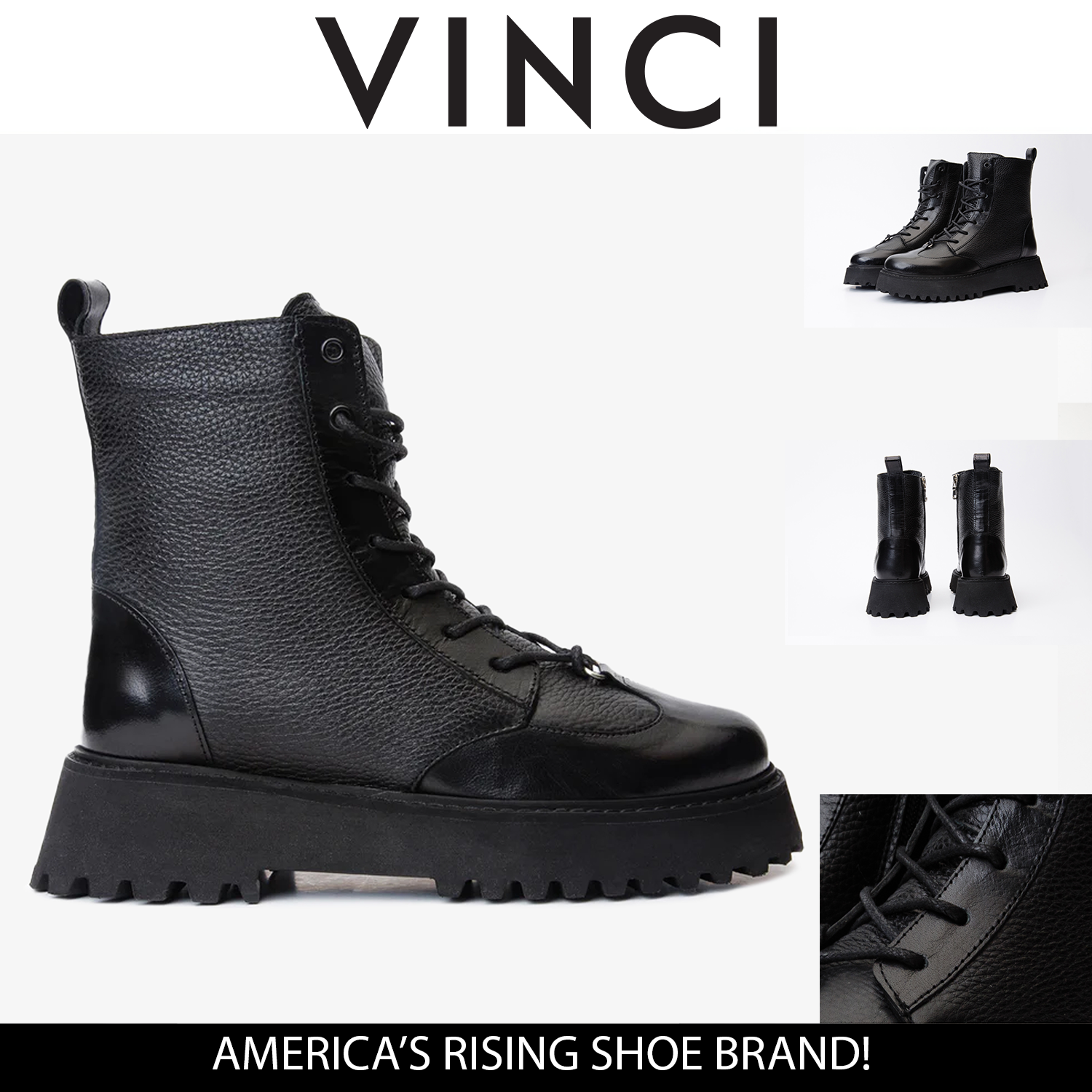 The Yildiz Black Leather Lace-Up Ankle  Boot With a Side Zipper - Vinci Leather
