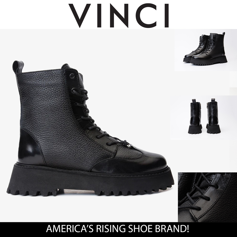 The Yildiz Black Leather Lace-Up Ankle  Boot With a Side Zipper - Vinci Leather