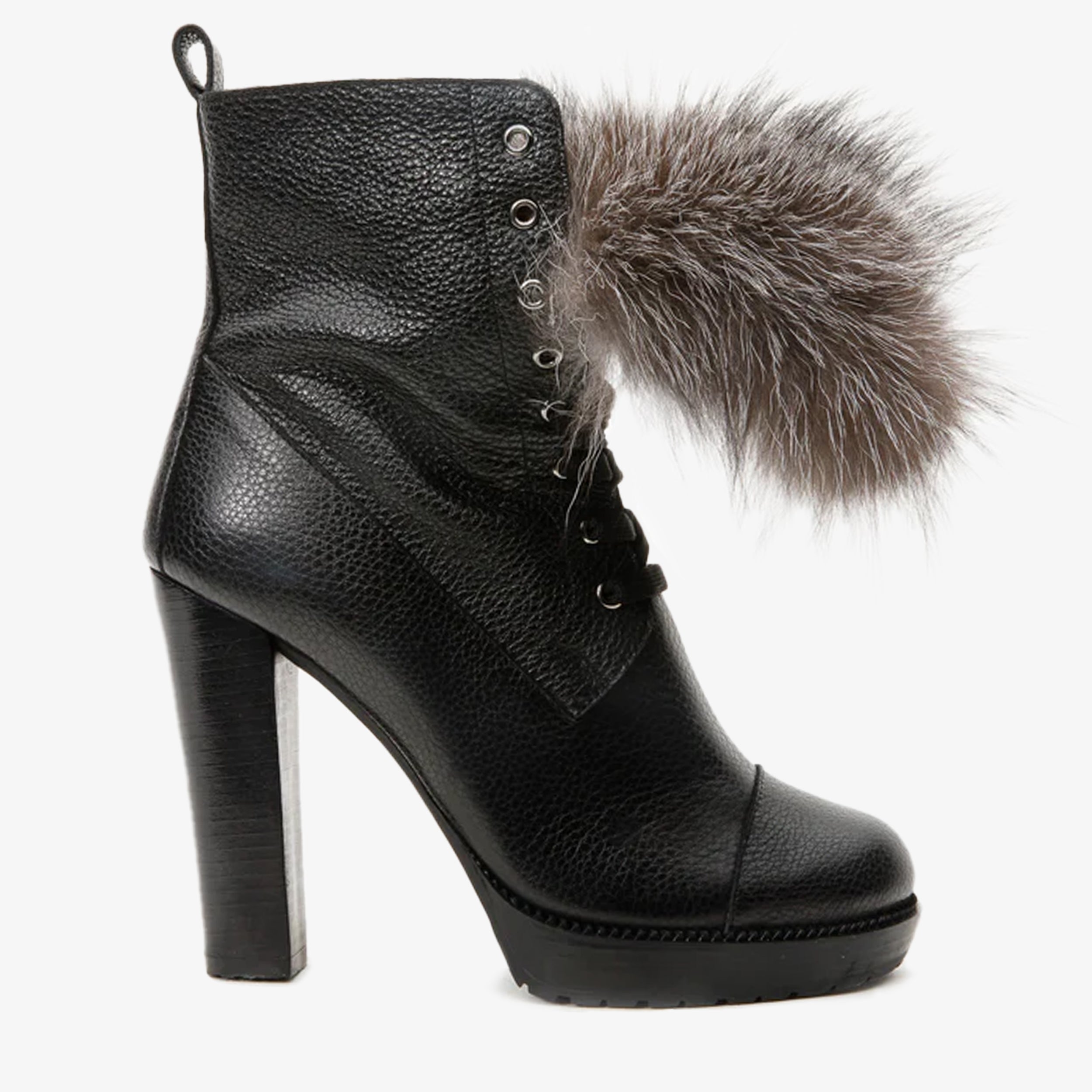 The Melo Black Leather Natural Fur Mid Calf Platform Heel Boot - Vinci Leather