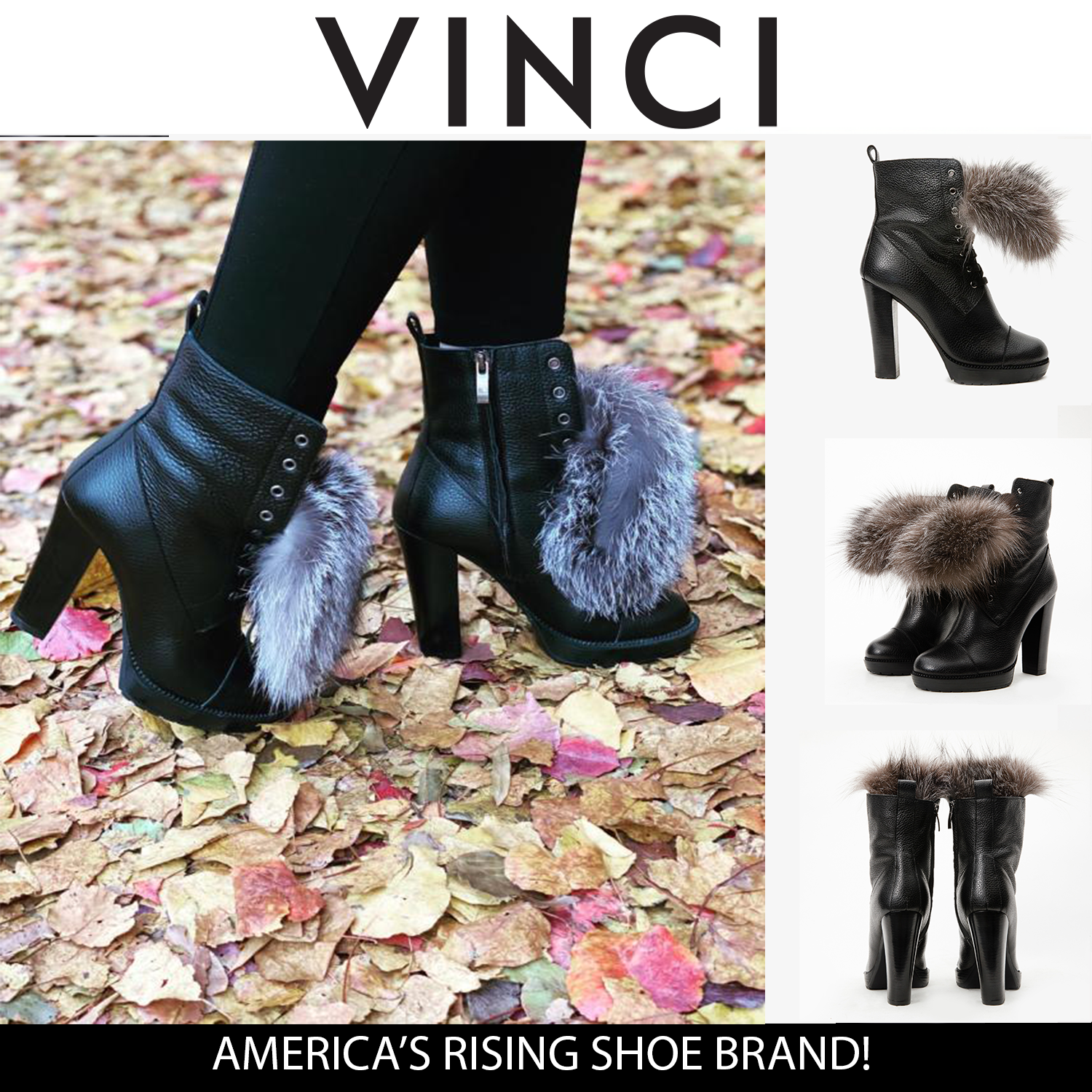 The Melo Black Leather Natural Fur Mid Calf Platform Heel Boot - Vinci Leather