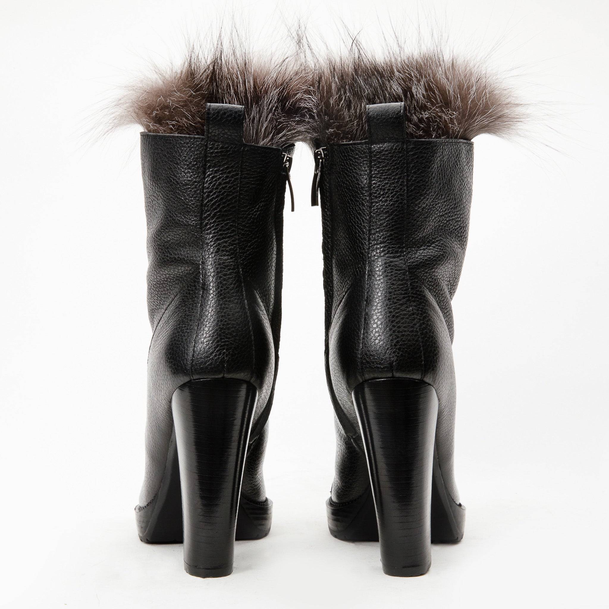 The Melo Black Leather Natural Fur Mid Calf Platform Heel Boot - Vinci Leather