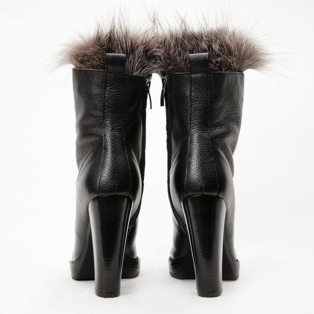 The Melo Black Leather Natural Fur Mid Calf Platform Heel Boot - Vinci Leather