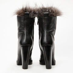 The Melo Black Leather Natural Fur Mid Calf Platform Heel Boot - Vinci Leather