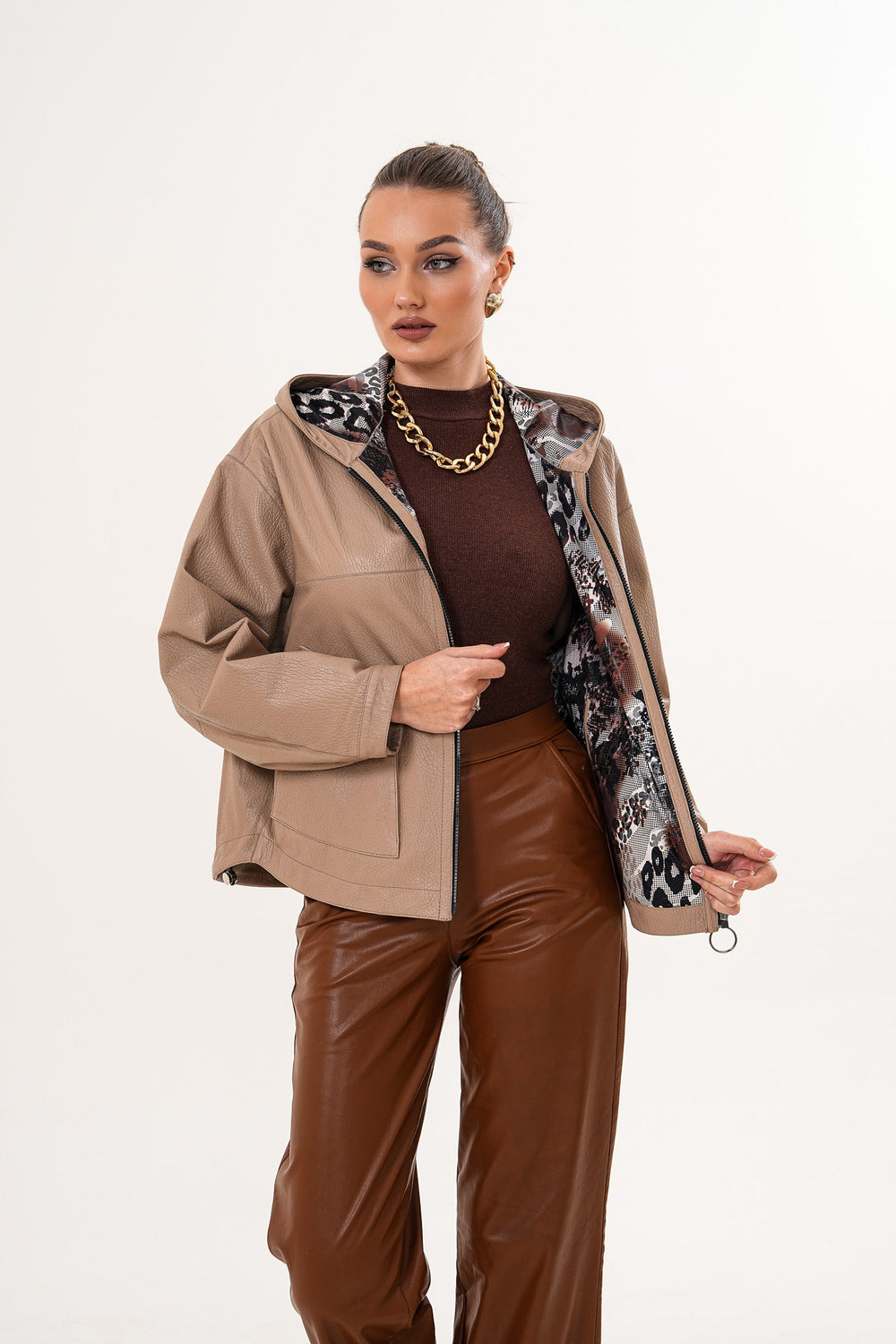 The Calyra Reversible Leather Jacket – Taupe - Vinci Leather
