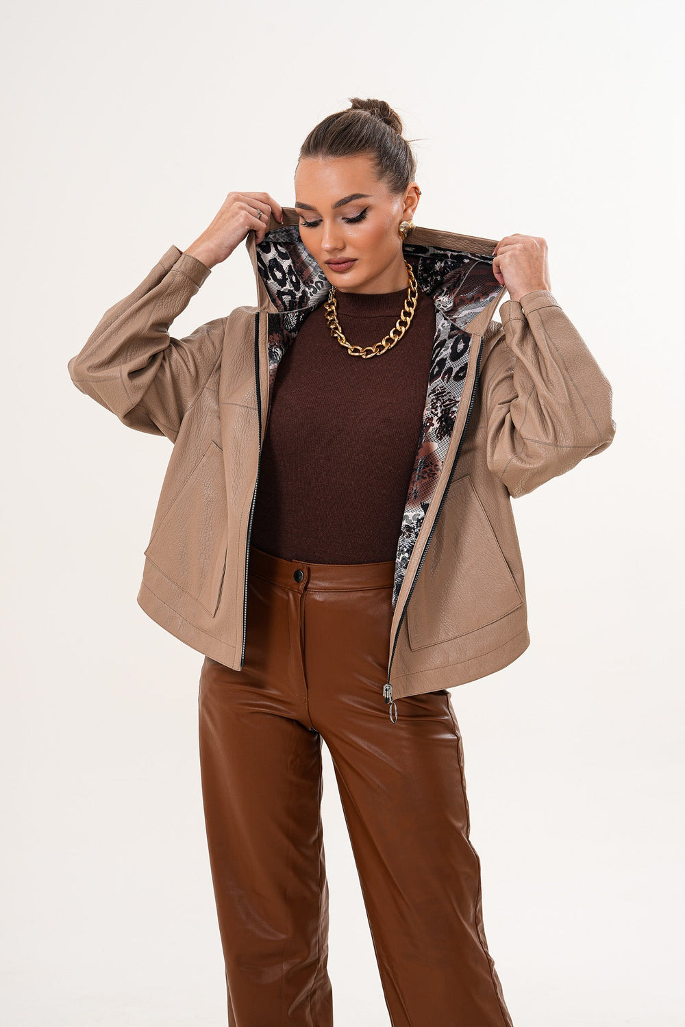 The Calyra Reversible Leather Jacket – Taupe - Vinci Leather