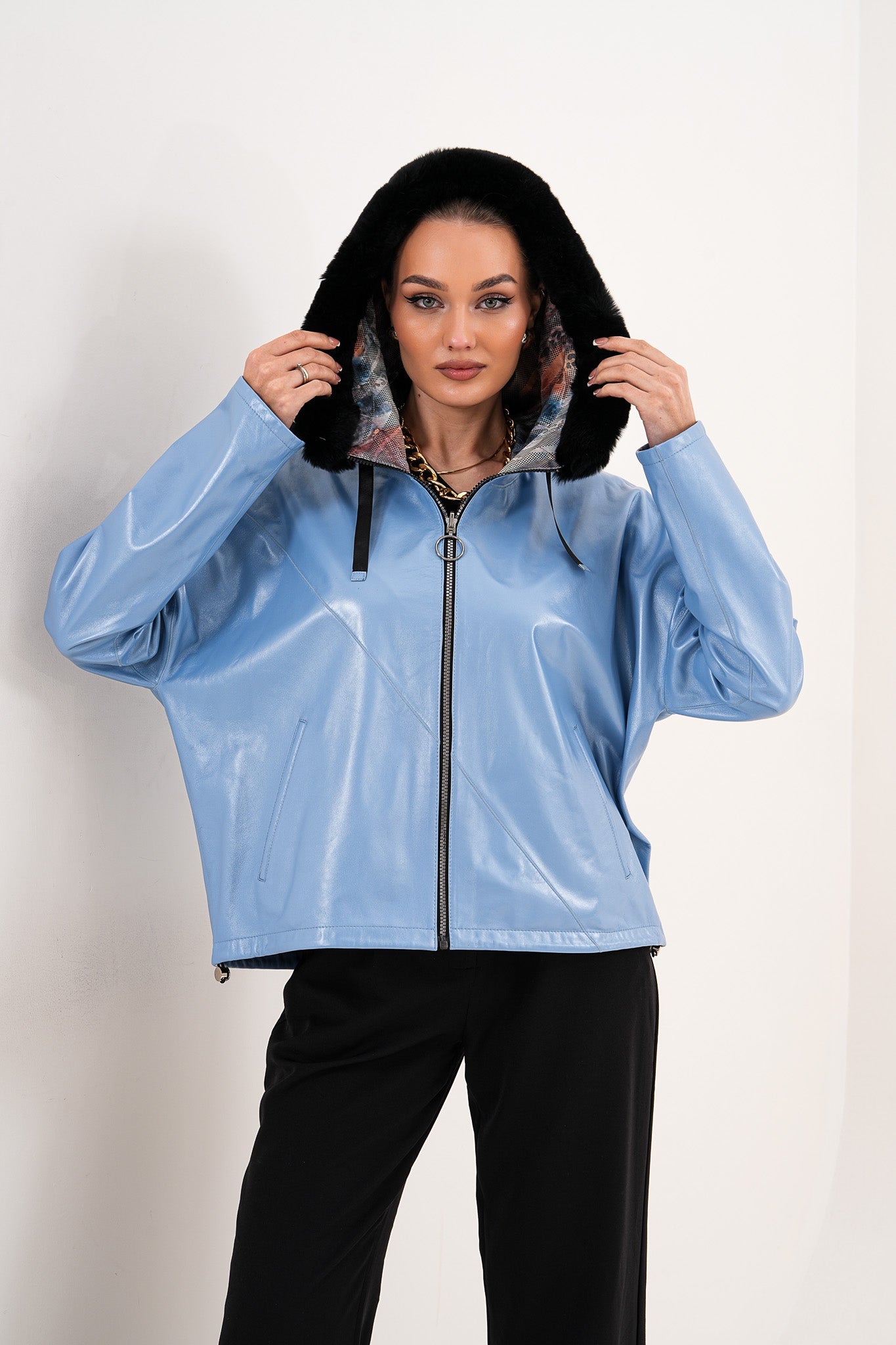 The Velora Sky Blue Reversible Lambskin Leather Jacket - Vinci Leather