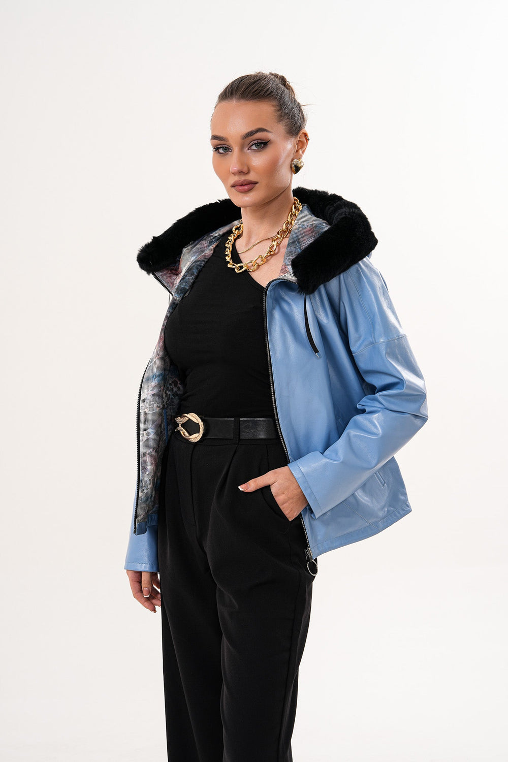 The Velora Sky Blue Reversible Lambskin Leather Jacket - Vinci Leather