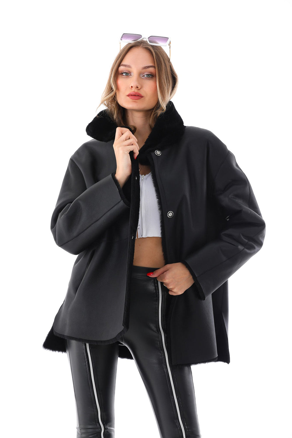 The Luxera Reversible Black Shearling Leather Jacket - Vinci Leather