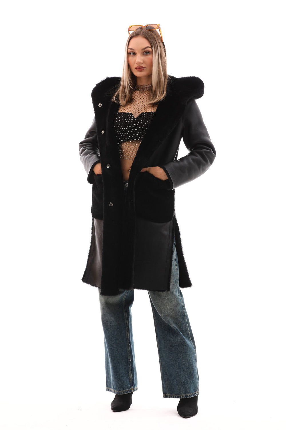 The VESARA Reversible Shearling Leather Coat – Jet Black - Vinci Leather