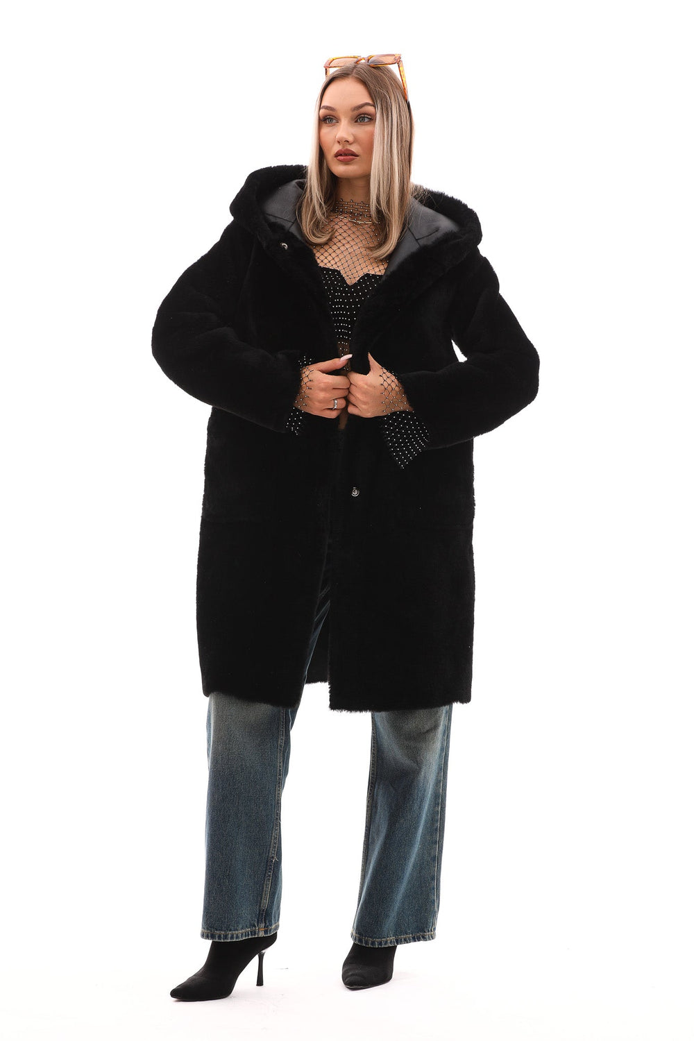 The VESARA Reversible Shearling Leather Coat – Jet Black - Vinci Leather