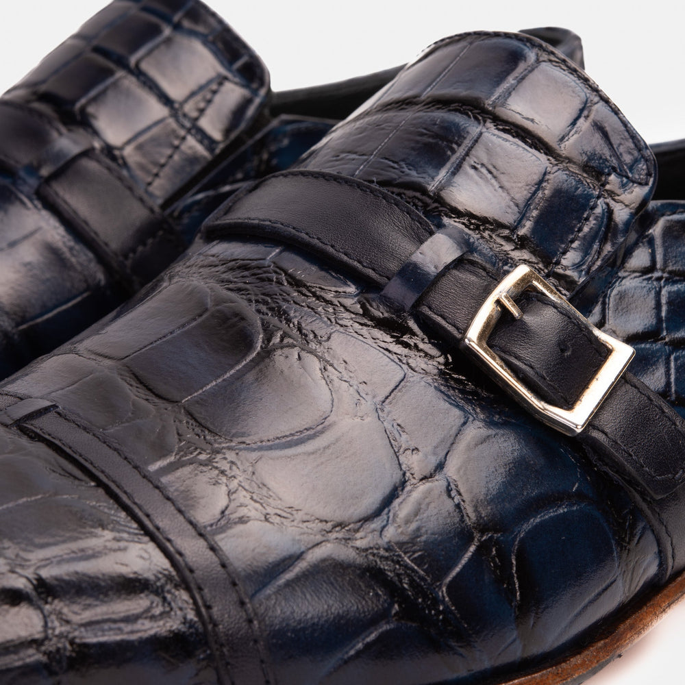 The Strat Single Monk Strap Cap Toe Navy Leather Handmade Shoe - Vinci Leather