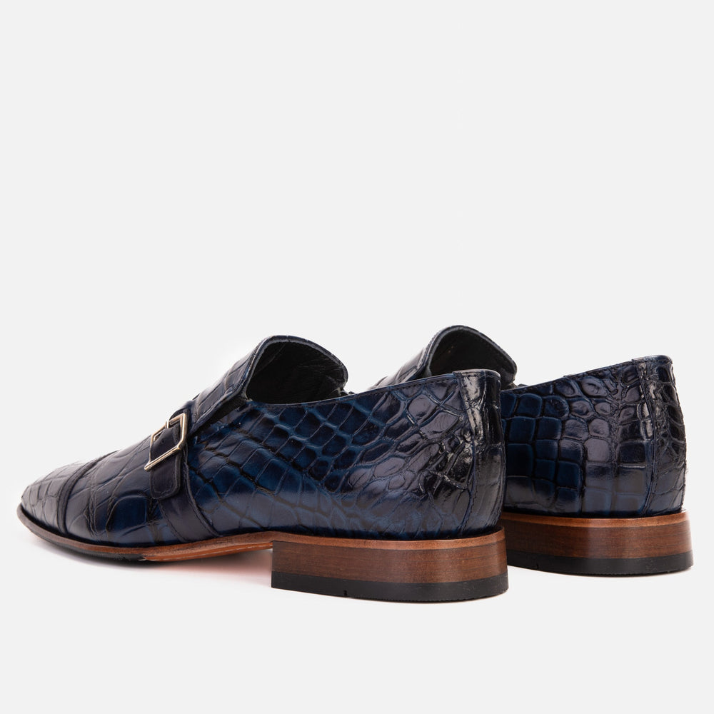 The Strat Single Monk Strap Cap Toe Navy Leather Handmade Shoe - Vinci Leather