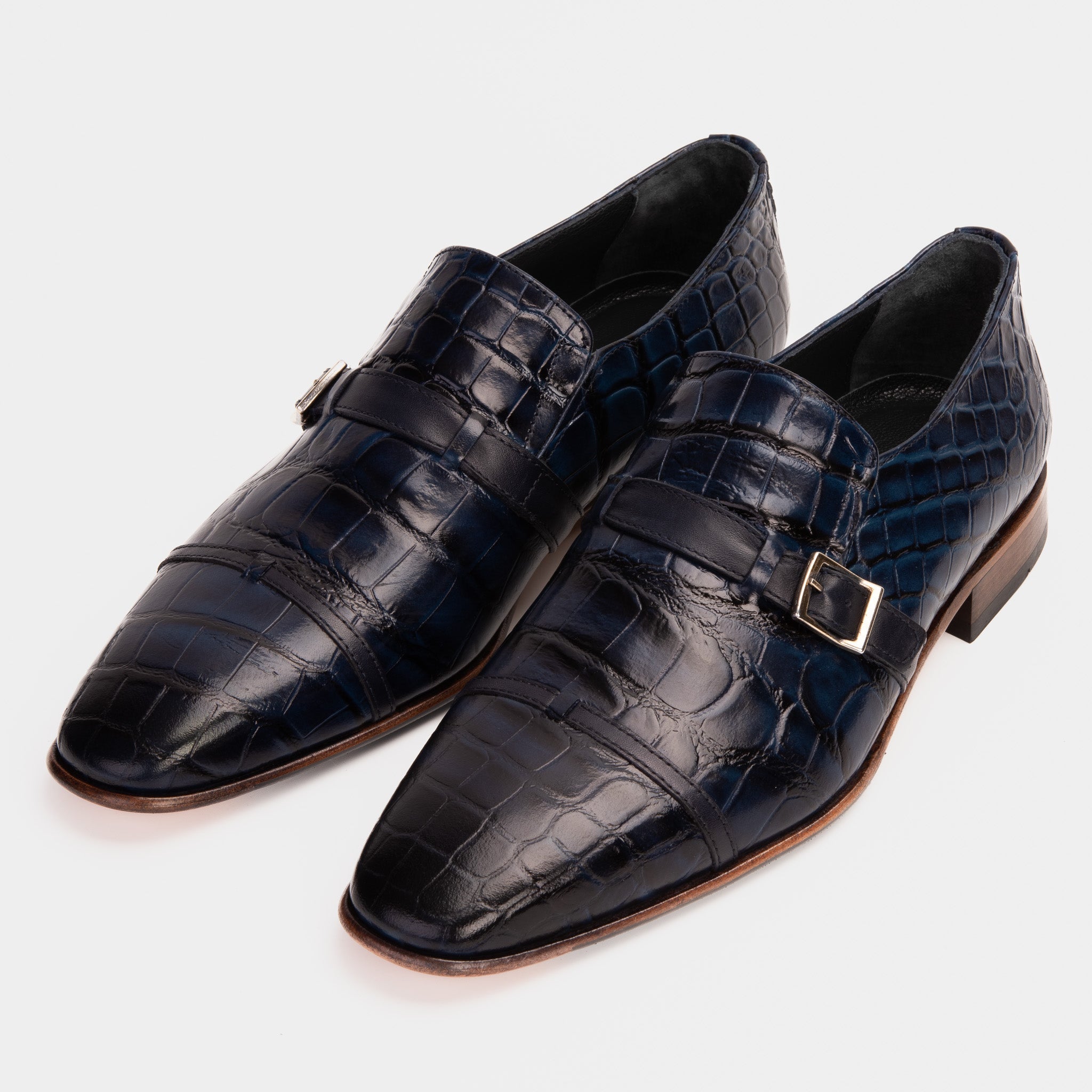 The Strat Single Monk Strap Cap Toe Navy Leather Handmade Shoe - Vinci Leather