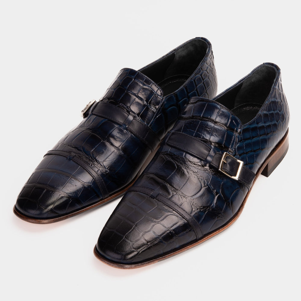 The Strat Single Monk Strap Cap Toe Navy Leather Handmade Shoe - Vinci Leather