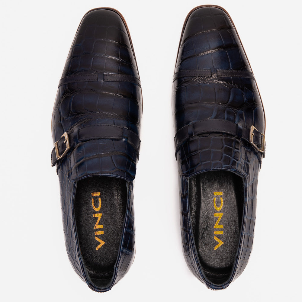 The Strat Single Monk Strap Cap Toe Navy Leather Handmade Shoe - Vinci Leather
