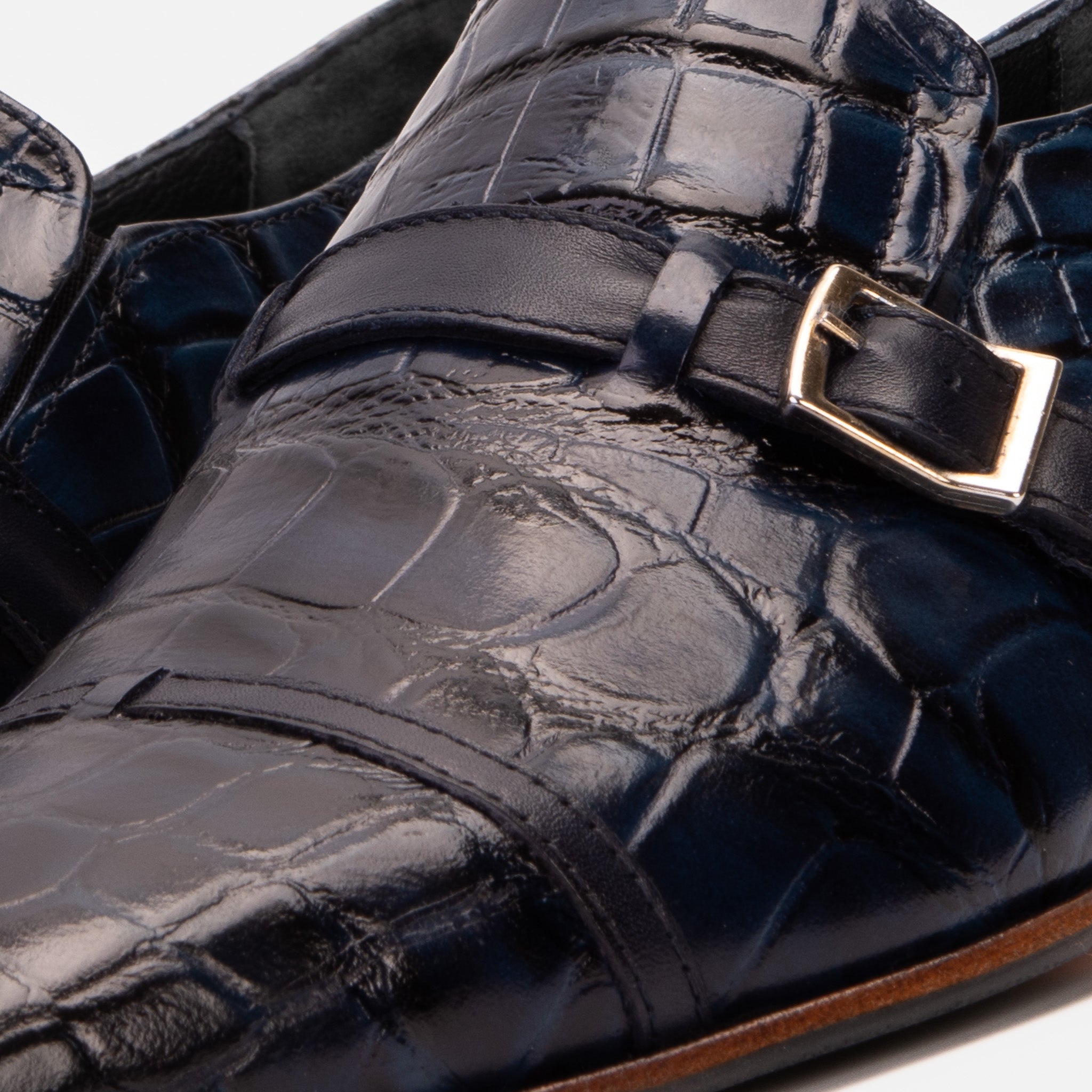 The Strat Single Monk Strap Cap Toe Navy Leather Handmade Shoe - Vinci Leather
