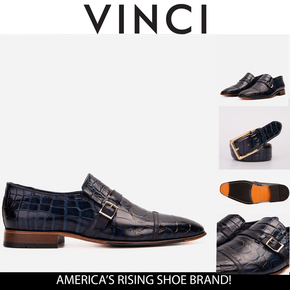 The Strat Single Monk Strap Cap Toe Navy Leather Handmade Shoe - Vinci Leather
