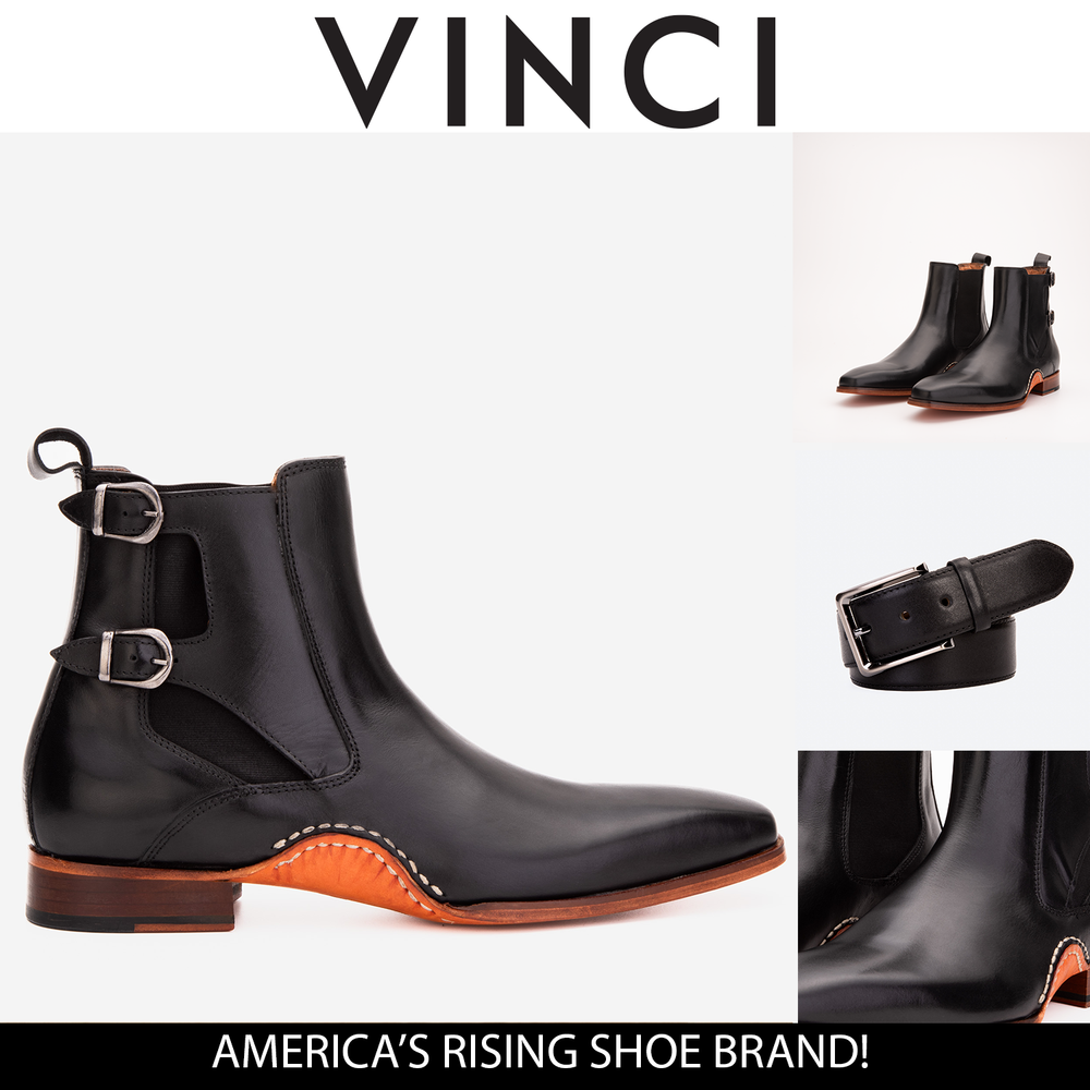 The Royal Hand Craft Black Leather Double-Buckle Chelsea Boot - Vinci Leather