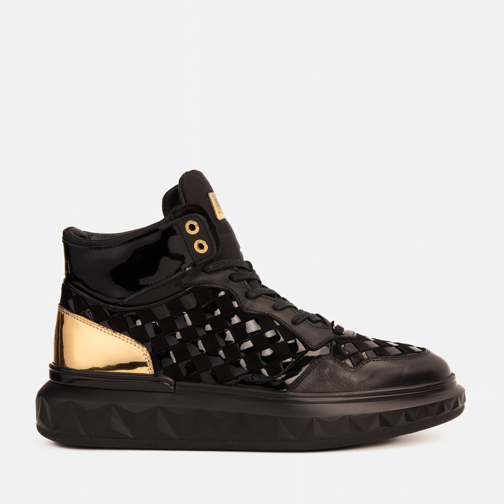 The Eugene Black Gold Woven Leather High-Top Sneaker - Vinci Leather