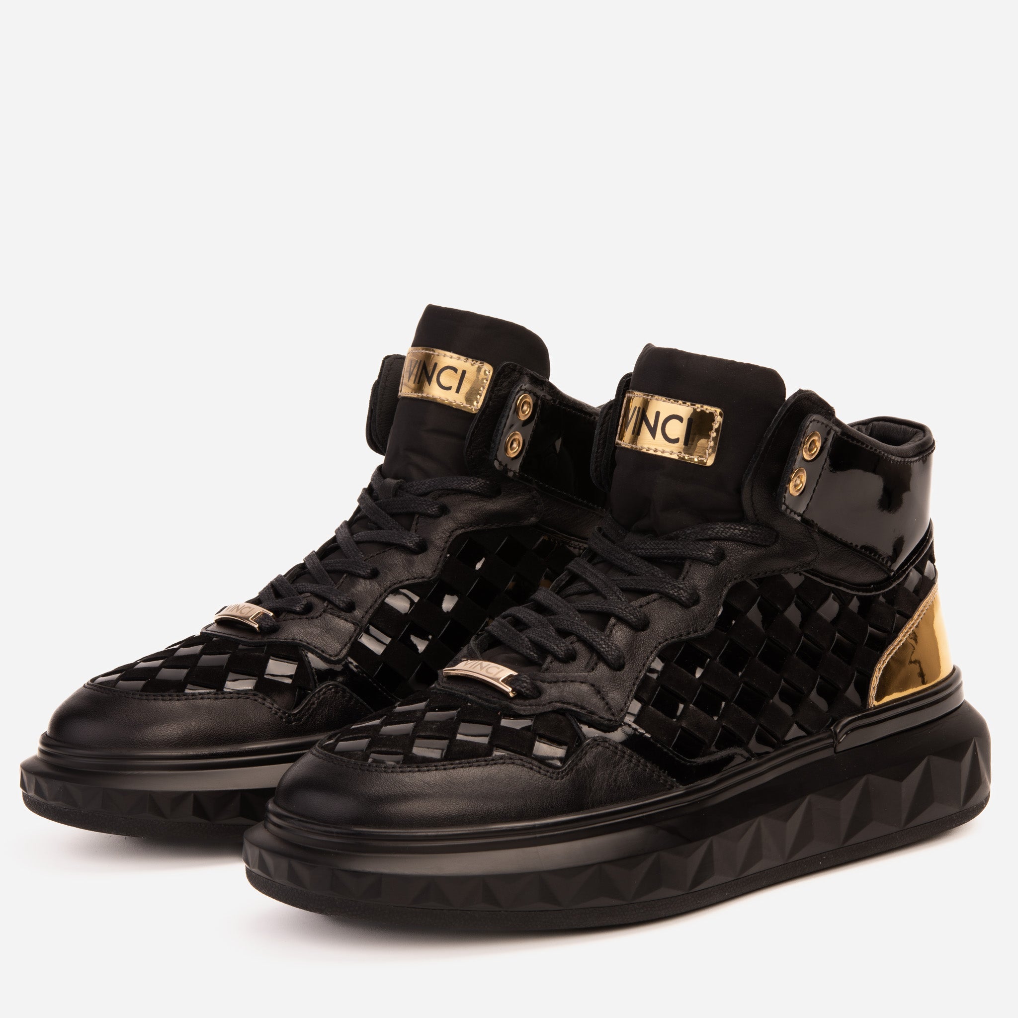 The Eugene Black Gold Woven Leather High-Top Sneaker - Vinci Leather