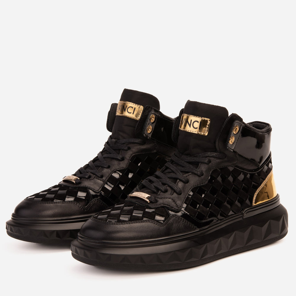 The Eugene Black Gold Woven Leather High-Top Sneaker - Vinci Leather