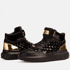 The Eugene Black Gold Woven Leather High-Top Sneaker - Vinci Leather
