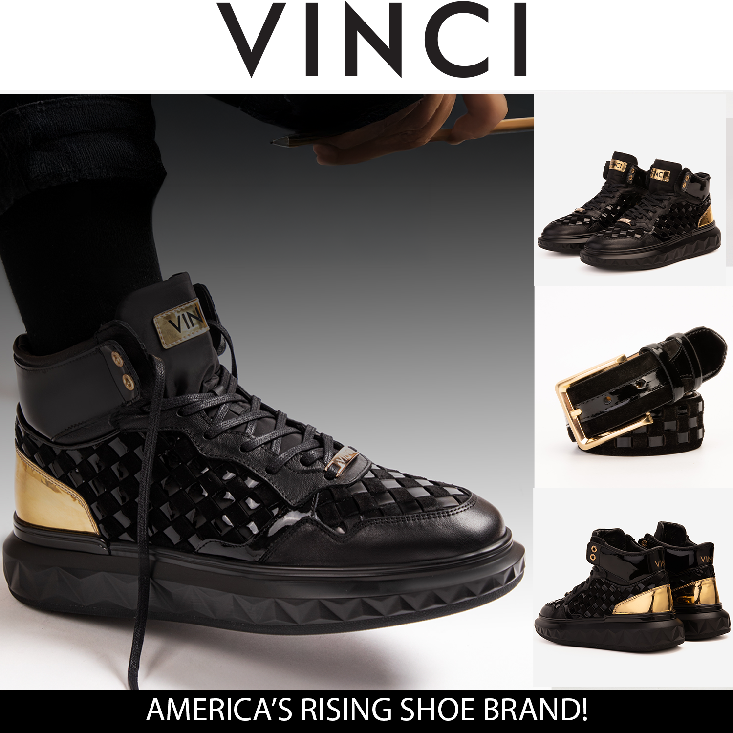 The Eugene Black Gold Woven Leather High-Top Sneaker - Vinci Leather