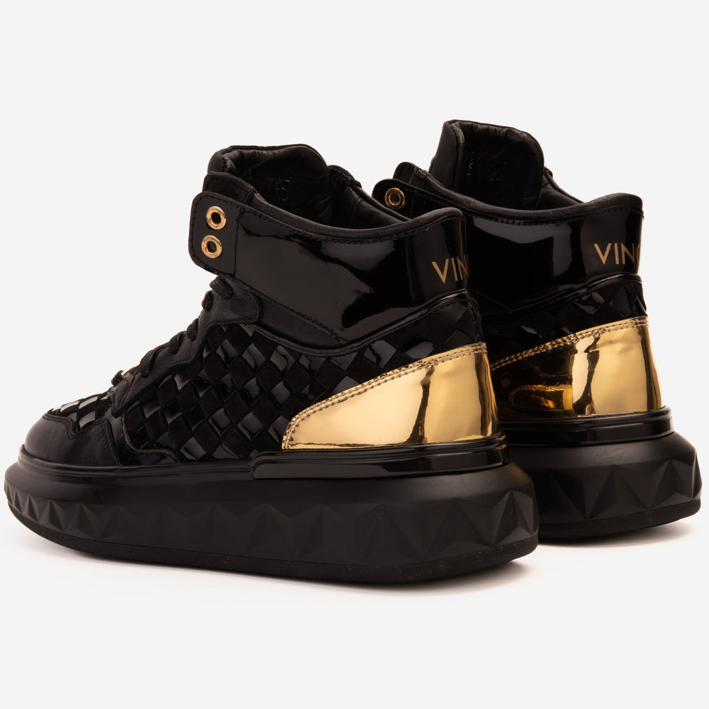 The Eugene Black Gold Woven Leather High-Top Sneaker - Vinci Leather