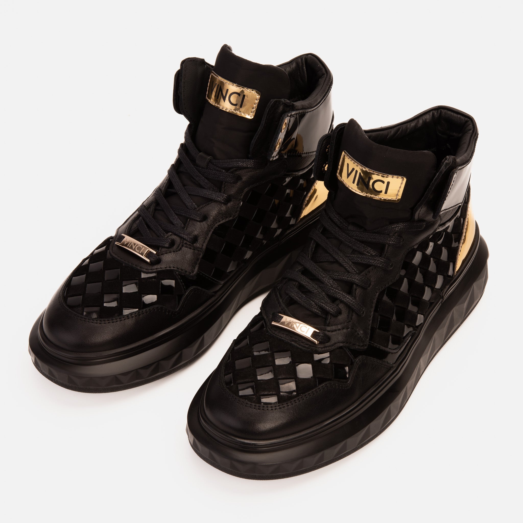 The Eugene Black Gold Woven Leather High-Top Sneaker - Vinci Leather