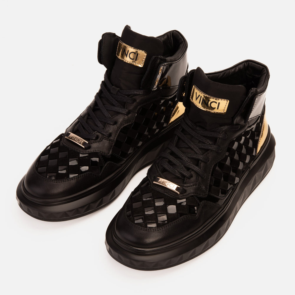 The Eugene Black Gold Woven Leather High-Top Sneaker - Vinci Leather