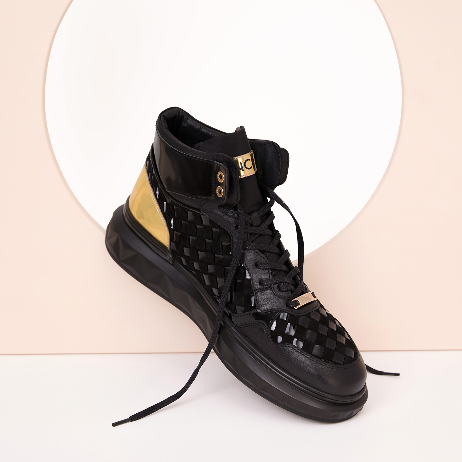 The Eugene Black Gold Woven Leather High-Top Sneaker - Vinci Leather