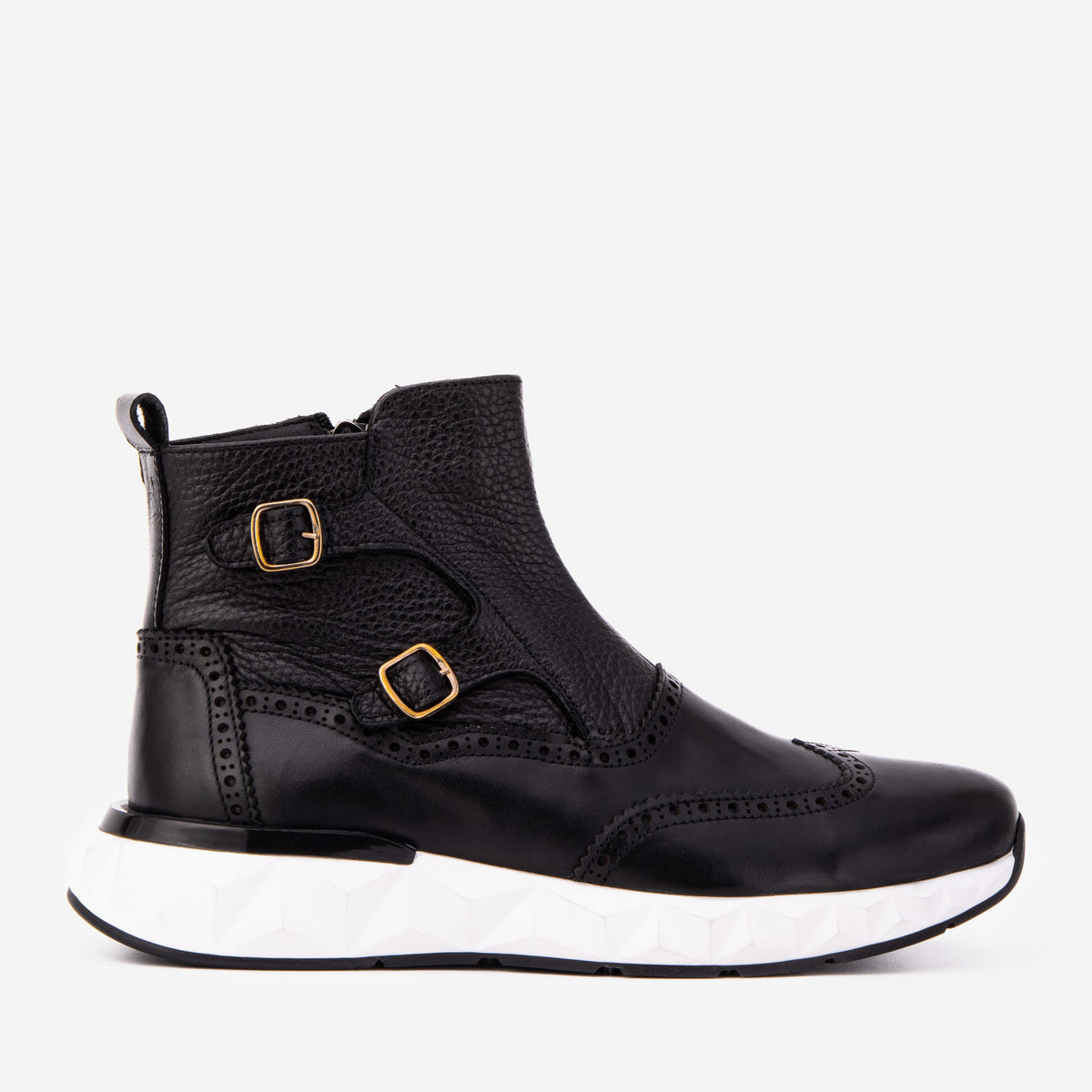 The Stealth Wingtip Buckle Black Leather Boot - Vinci Leather