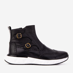 The Stealth Wingtip Buckle Black Leather Boot - Vinci Leather