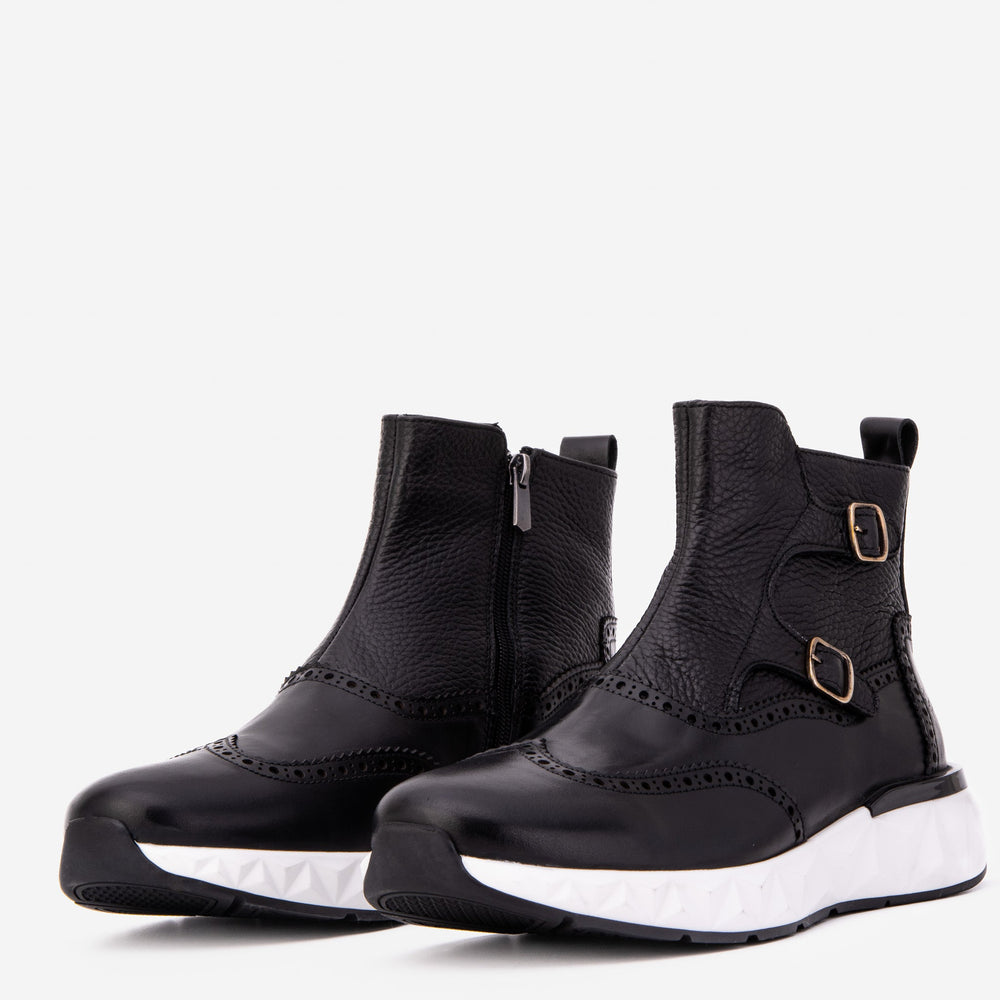 The Stealth Wingtip Buckle Black Leather Boot - Vinci Leather