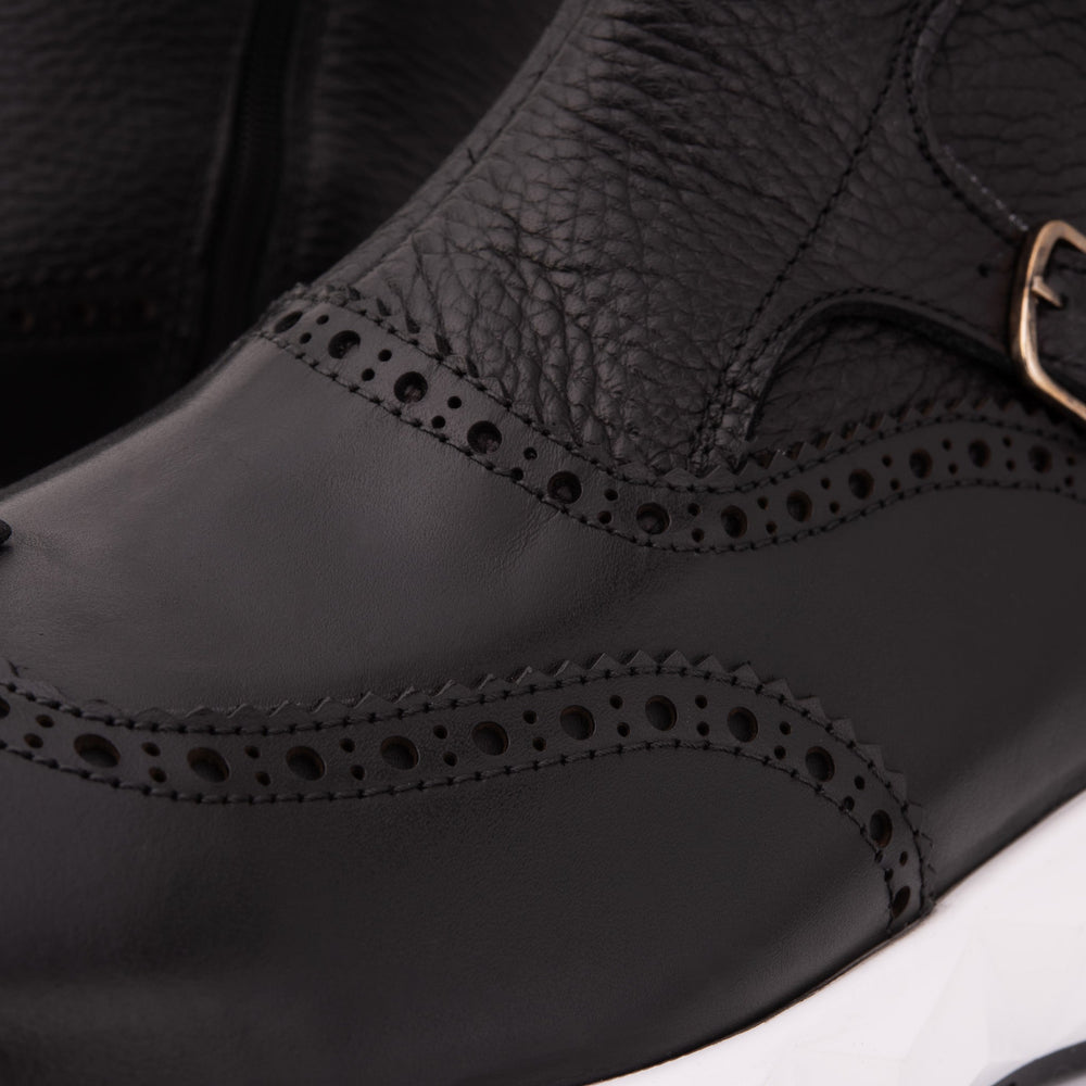 The Stealth Wingtip Buckle Black Leather Boot - Vinci Leather