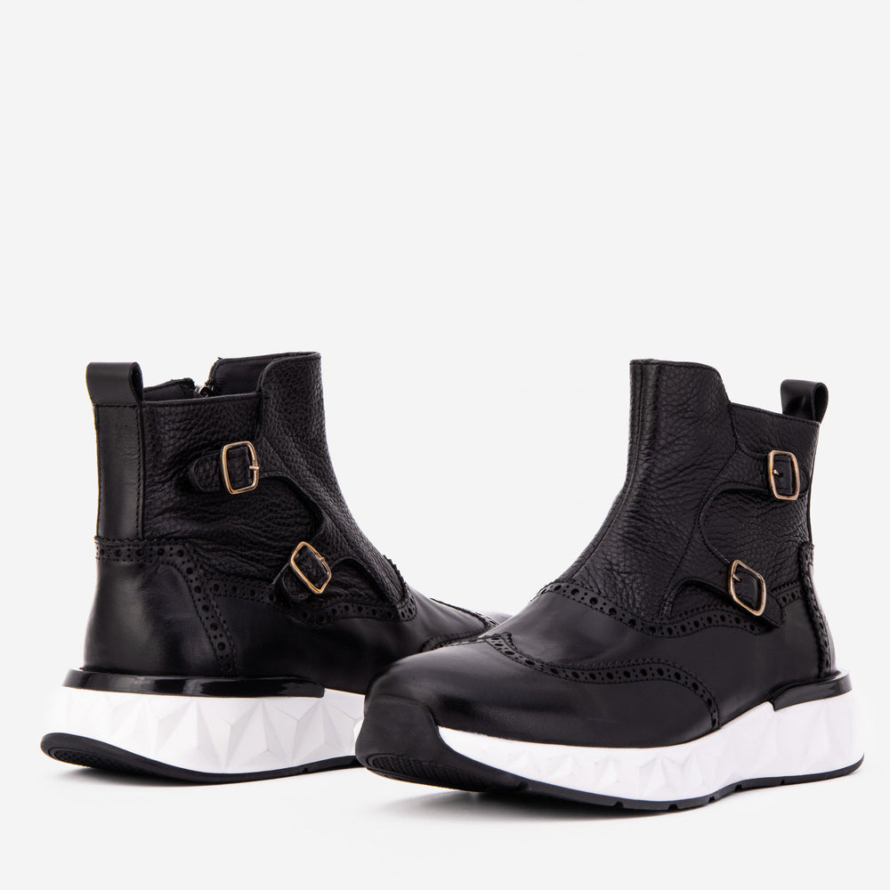 The Stealth Wingtip Buckle Black Leather Boot - Vinci Leather