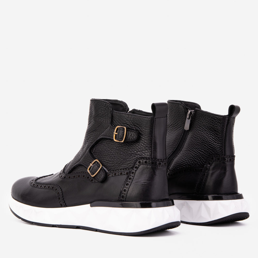 The Stealth Wingtip Buckle Black Leather Boot - Vinci Leather