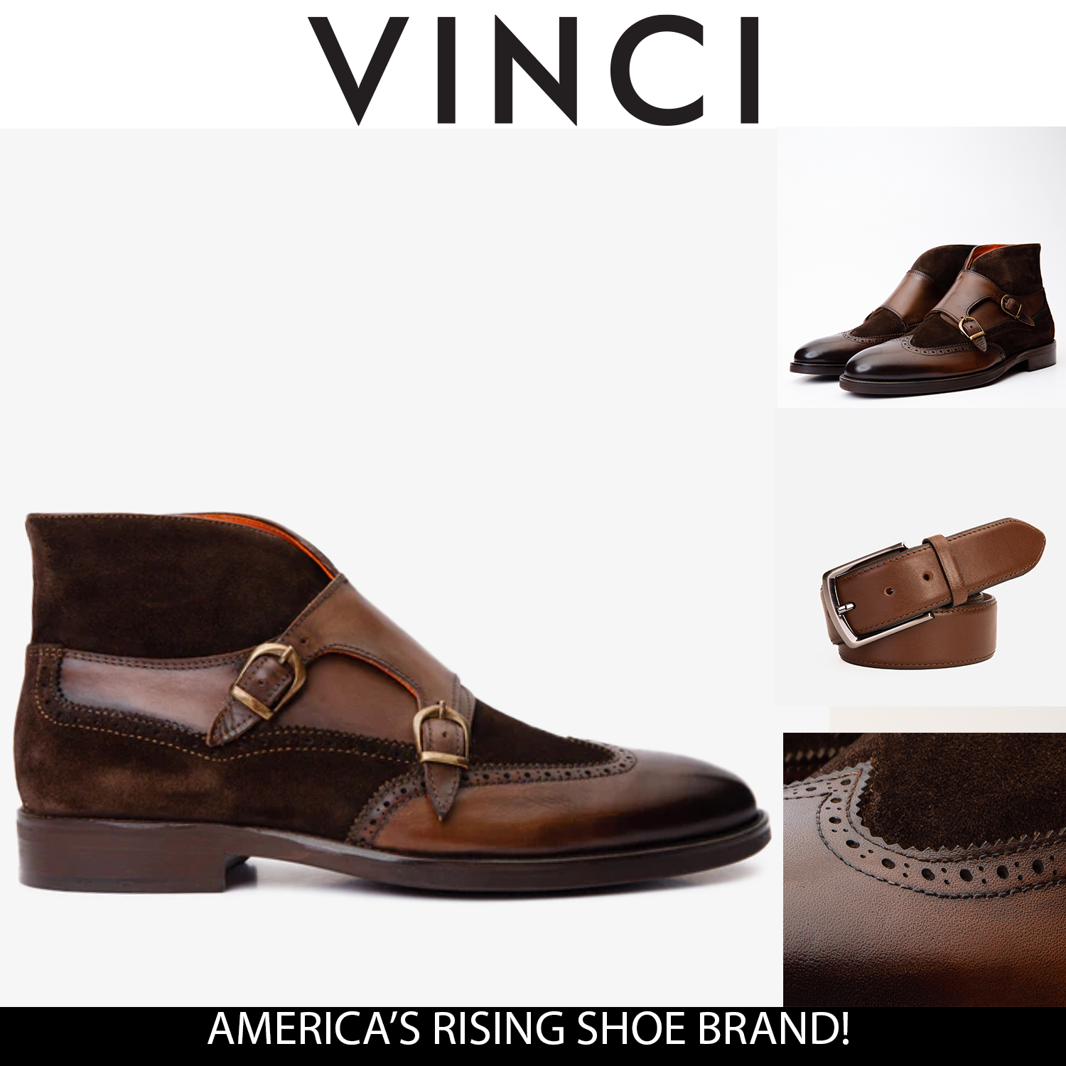 The Albus Brown Leather Suede Double Strap Monk Brogue Boot - Vinci Leather