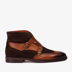 The Albus Tan Leather Suede Double Strap Monk Brogue  Boot - Vinci Leather